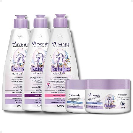 Kit Arvensis Cachinhos Naturais Cabelos Ondulados e Cacheados: Shampoo 300ml, Condicionador 300ml, Máscara 250g, Ativador de Cachos 300ml e Geleia Ativadora Suave 250g