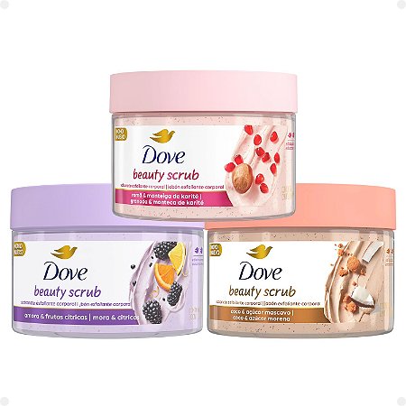 Kit Dove Sabonete Esfoliante Corporal Beauty Scrub: Amora e Frutas Cítricas, Romã e Manteiga de Karité e Coco e Açucar Mascavo 280g
