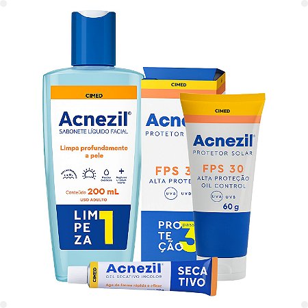 Kit Cimed Acnezil: Sabonete Líquido Facial, Protetor Solar FPS 30 e Gel Secativo Incolor