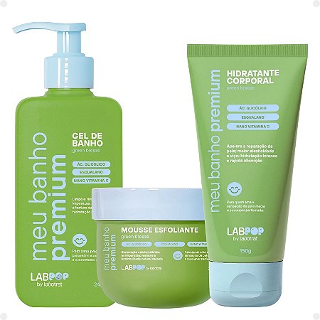 Kit LabPop by Labotrat Green Breeze: Gel de Banho, Mousse Esfoliante e Hidratante Corporal