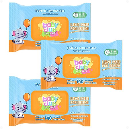 Kit Baby Club Ultra Care: 3 Pacotes Toalhas Umedecidas Baby 20x13cm Com 140Un