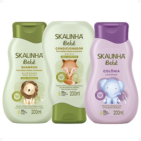 Kit Skalinha Bebê Para Cabelos Crespos e Cacheados: Shampoo e Condicionador 200ml + Colônia Lavanda 200ml