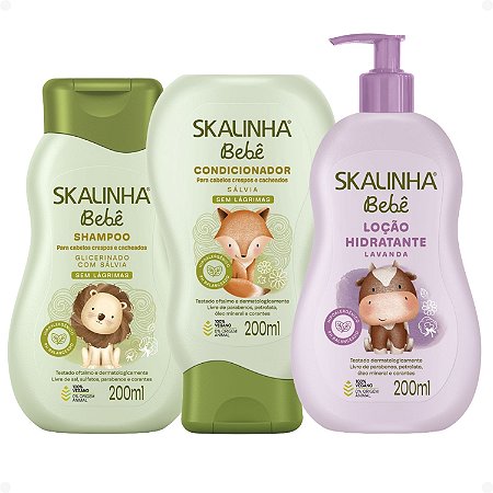 Kit Skalinha Bebê Para Cabelos Crespos e Cacheados: Shampoo e Condicionador 200ml + Loção Hidratante Lavanda 200ml