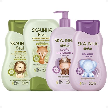 Kit Skalinha Bebê Para Cabelos Crespos e Cacheados: Shampoo e Condicionador 200ml + Loção Hidratante e Colônia 200ml