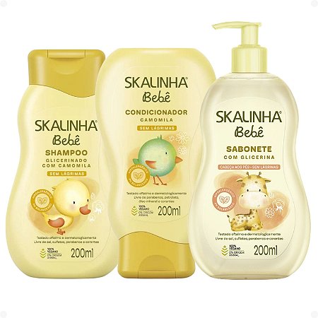 Kit Skalinha Bebê: Shampoo e Condicionador Camomila 200ml + Sabonete Liquido Com Glicerina 200ml