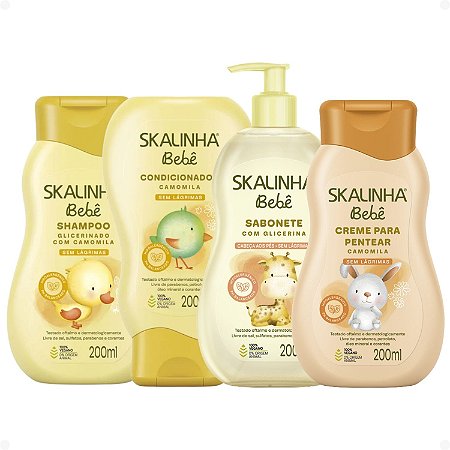 Kit Skalinha Bebê: Shampoo e Condicionador Camomila 200ml + Sabonete Líquido e Creme Para Pentear 200ml