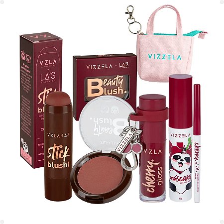 Kit Vizzela: Blush Stick e Compacto Red, Lapiseira, Gloss e Máscara de Cílios Big Cherry + Mimo