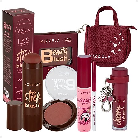Kit Vizzela: Blush Stick e Compacto Red, Lapiseira, Gloss e Máscara de Cílios Cherry + Mimo