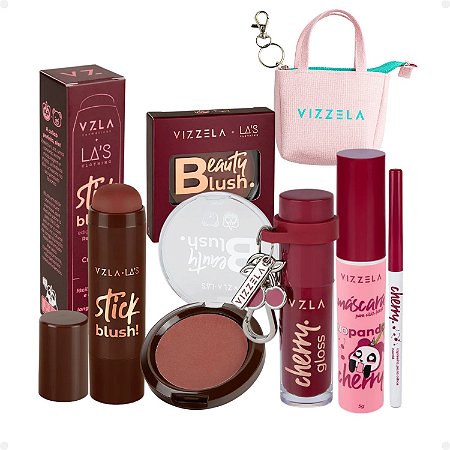 Kit Vizzela: Blush Stick e Compacto Red, Lapiseira, Gloss e Máscara de Cílios Cherry + Mimo
