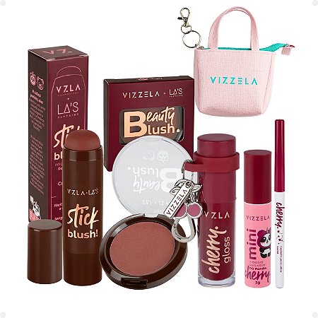 Kit Vizzela: Blush Stick e Compacto Red, Lapiseira, Gloss e Máscara de Cílios Mini Cherry + Mimo