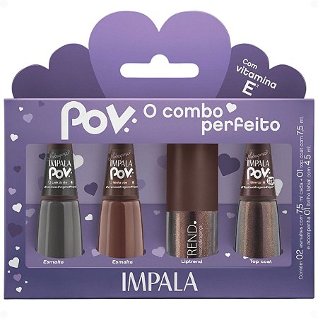 Kit Impala Pov Marcella: 2 Esmaltes, 1 Top Coat e 1 Gloss Labial