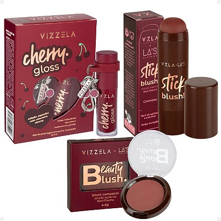 Kit Vizzela: Gloss Cherry Com Chaveiro + Blush Stick e Compacto La's Clothing Red Mocha