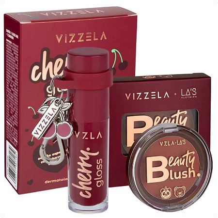 Kit de Maquiagem VIZZELA: Gloss Cherry e Blush Red Mocha com Chaveiro - Realce Radiante para Lábios e Bochechas