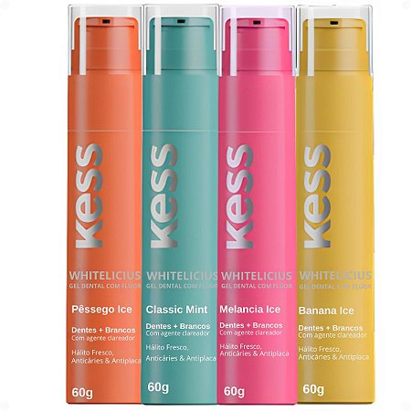 Kit Kess Gel Dental Whitelicius Com 4: Banana Ice, Melancia Ice, Pessego Ice e Classic Mint 60g