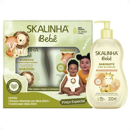 Kit Skalinha Bebê Glicerinado Cabelos Crespos e Cacheados: Shampoo e Condicionador 200ml + Sabonete Liquido 200ml