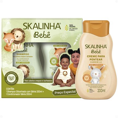Kit Skalinha Bebê Glicerinado Cabelos Crespos e Cacheados: Shampoo e Condicionador 200ml + Creme Para Pentear 200ml