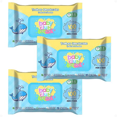Kit Baby Club Ultra Care: 3 Pacotes Toalhas Umedecidas Baby 20x13cm Com 100Un