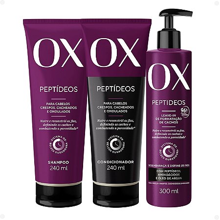 Kit OX Peptídeos Cabelos Crespos, Cacheados e Ondulados: Shampoo 240ml, Condicionador 240ml e Leave-in 300g