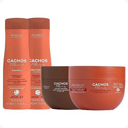 Kit Arvensis Cachos Naturais: Shampoo e Condicionador 300ml + Máscara para Cabelos Crespos e Geleia Ativadora
