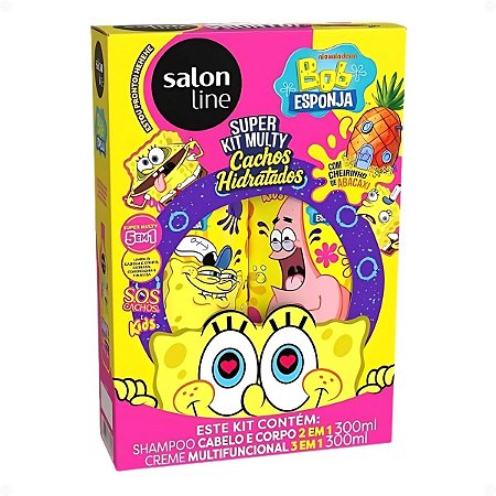 Kit Salon Line Kids Bob Esponja Sos Cacho Multy: Shampoo Cabelo e Corpo e Creme Multifuncional 300ml