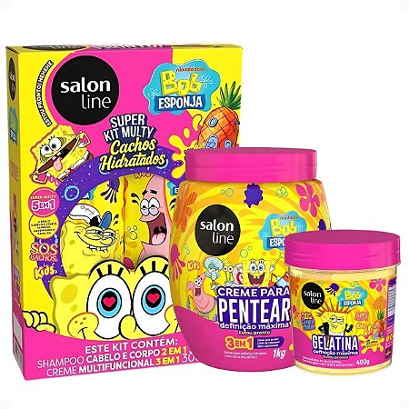 Kit Salon Line Kids Bob Esponja Sos Cachos: Shampoo, Creme Multifuncional, Creme Para Pentear 1kg e Gelatina Capilar 400g