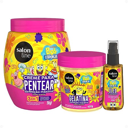 Kit Salon Line Kids Bob Esponja Sos Cachos: Creme Para Pentear 1kg, Gelatina Capilar 400g e Óleo Capilar 42ml