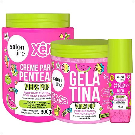 Kit Salon Line Xêrosa Vibes Pop: Creme Para Pentear 800g, Gelatina 500g e Óleo Capilar 60ml