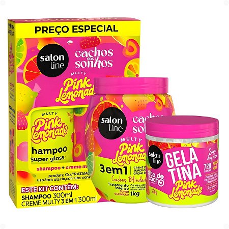 Kit Salon Line Pink Lemonade Cachos Dos Sonhos: Shampoo, Creme Multy, Creme Capilar 1kg e Gelatina Capilar 550g