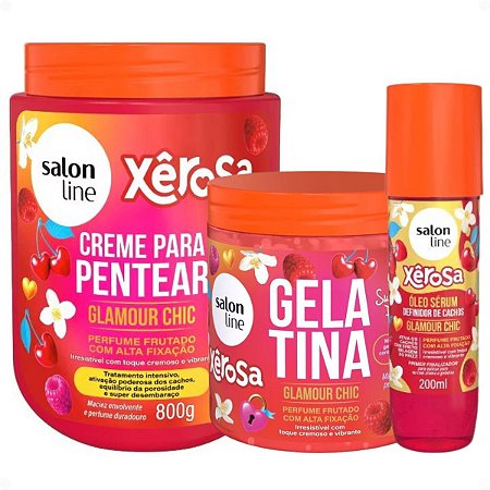 Kit Salon Line Xêrosa Glamour Chic: Creme Para Pentear 800g, Gelatina Capilar 500g e Óleo Sérum 200ml