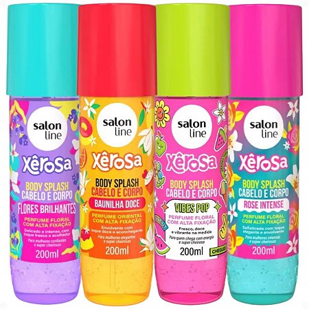 Kit Salon Line Body Splash Cabelo e Corpo Xêrosa: Baunilha Doce, Vibes Pop, Rose Intense e Flores Brilhantes 200ml