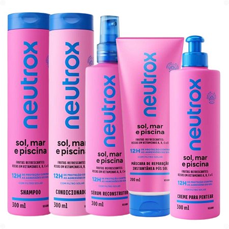 Kit Neutrox Sol, Mar e Piscina: Shampoo, Condicionador, Creme Para Pentear 300ml, Máscara 200ml e Spray Sérum 300ml