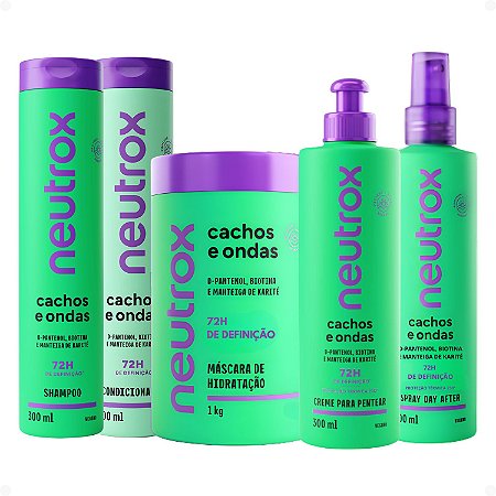 Kit Neutrox Cachos e Ondas: Shampoo, Condicionador 300ml, Máscara Capilar 1kg, Creme Para Pentear e Spray Day After 300ml