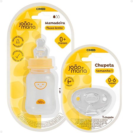 Kit Cimed João e Maria 0-6 Meses: Mamadeira Fluxo Lento 120ml e Chupeta De Silicone Tamanho 1