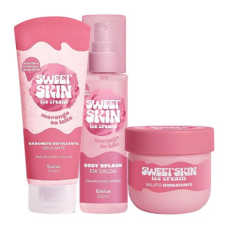 Kit Dailus Sweet Skin Ice Cream Morango Ao Leite: Sabonete Esfoliante, Hidratante Corporal e Body Splash 200ml