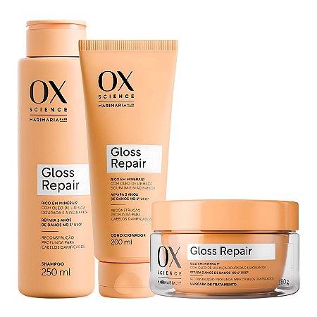 Kit Ox Science Mari Maria Hair Gloss Repair: Shampoo 250ml, Condicionador 200ml e Máscara De Tratamento 180g