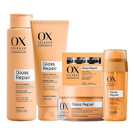 Kit Ox Science Mari Maria Hair Gloss Repair: Shampoo 250ml, Condicionador 200ml, Máscara 180g, 3 Doses Concentradas e Sérum 30ml