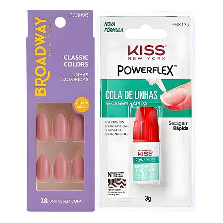 Kit Kiss New York: Unhas Postiças Stiletto Médio Forest e Cola De Unhas 3g