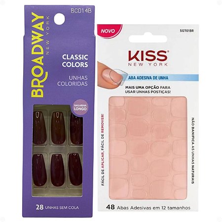 Kit Kiss New York: Unhas Postiças Bailarina Longo Lavender e Abas Adesivas Unhas