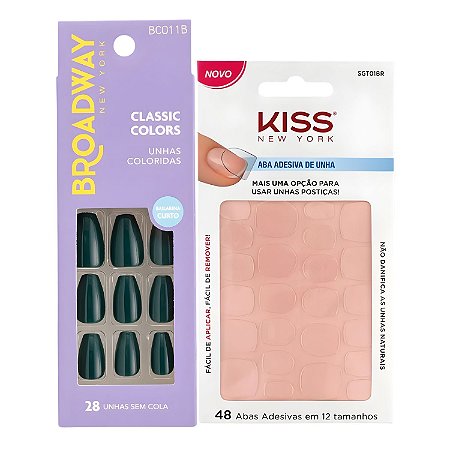 Kit Kiss New York: Unhas Postiças Bailarina Longo Oatmeal e Abas Adesivas De Unhas