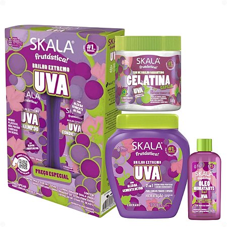 Kit Skala Frutástica! Uva: Shampoo 325ml, Condicionador 200ml, Creme De Tratamento 1000g, Gelatina 550g e Óleo Capilar 90ml