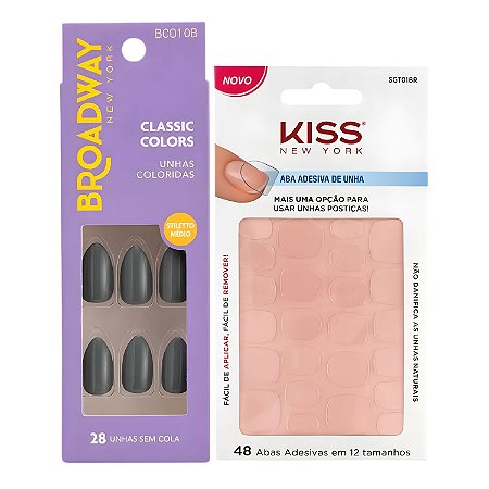 Kit Kiss New York: Unhas Postiças Stiletto Médio Cool Mint e Abas Adesivas De Unnhas
