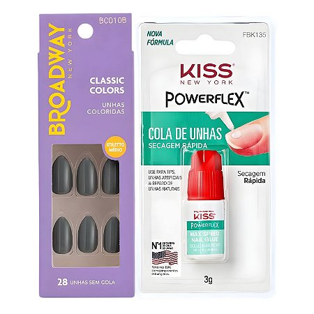 Kit Kiss New York: Unhas Postiças Stiletto Médio Cool Mint e Cola De Unhas 3g