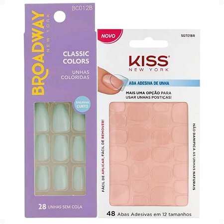 Kit Kiss New York: Unhas Postiças Bailarina Curto Bordeaux e Abas Adesivas De Unhas