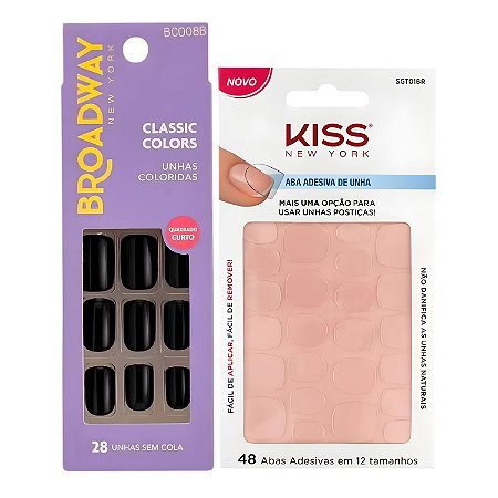 Kit Kiss New York: Unhas Postiças Quadrado Curto Matcha e Abas Adesivas Unhas