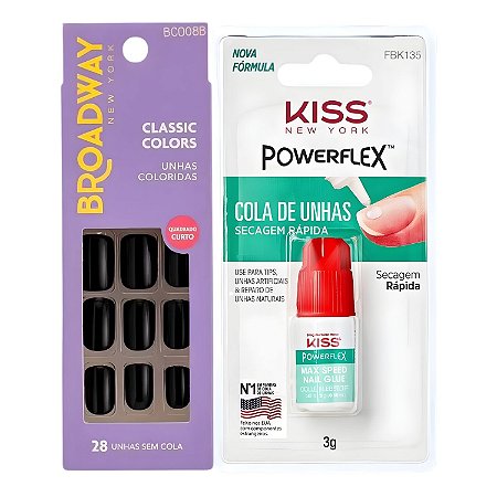 Kit Kiss New York: Unhas Postiças Quadrado Curto Matcha e Cola De Unhas 3g
