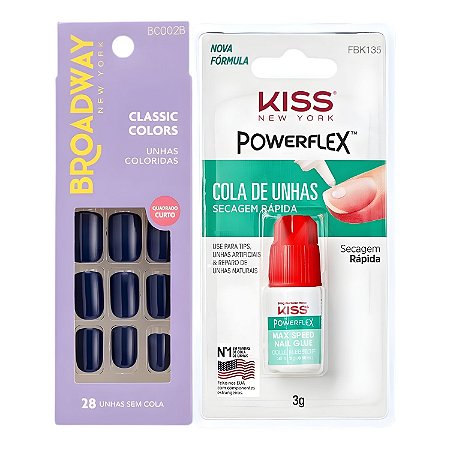 Kit Kiss New York: Unhas Postiças Quadrado Curto Baby Blue e Cola De Unhas 3g