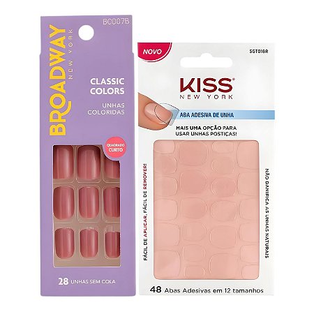Kit Kiss New York: Unhas Postiças Quadrado Curto Smoothie e Abas Adesivas Unhas