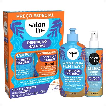 Kit Salon Line Definição Natural: Shampoo, Creme Multifuncional 300ml, Creme Para Pentear 300ml e Óleo Sérum Capilar 200ml