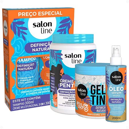 Kit Salon Line Definição Natural: Shampoo, Creme Multifuncional 300ml, Creme Para Pentear 1kg, Óleo Sérum 200ml e Gelatina Capilar 550g