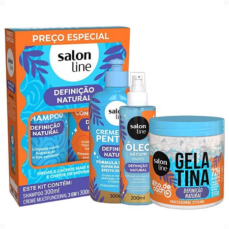 Kit Salon Line Definição Natural: Shampoo, Creme Multifuncional 300ml, Creme Para Pentear 300ml, Óleo Sérum 200ml e Gelatina Capilar 550g